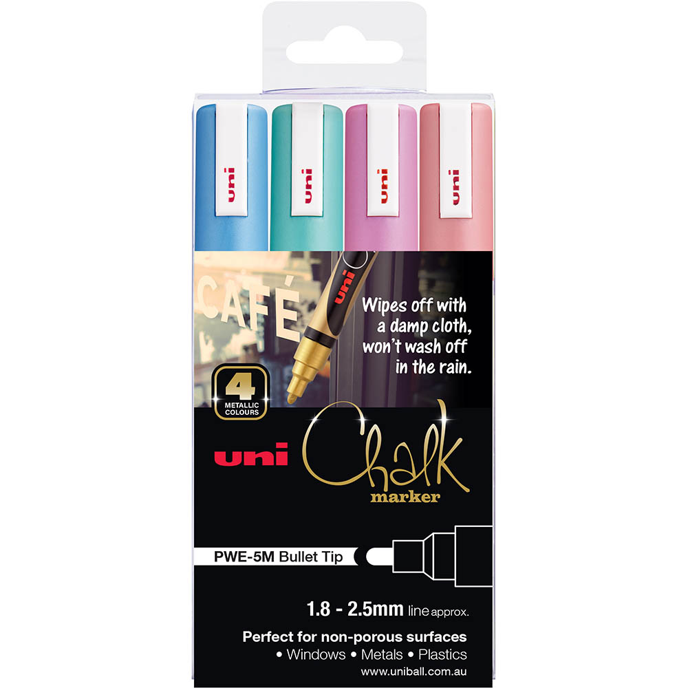 Image for UNI-BALL CHALK MARKER BULLET TIP 2.5MM ASSORTED METALLIC PACK 4 from BusinessWorld Computer & Stationery Warehouse