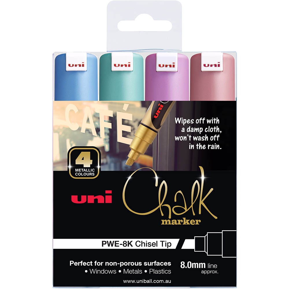 Image for UNI-BALL CHALK MARKER CHISEL TIP 8MM ASSORTED METALLIC PACK 4 from That Office Place PICTON