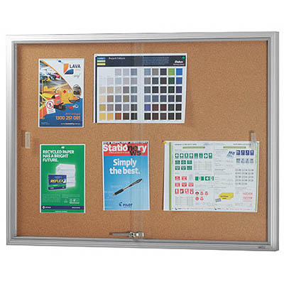 Image for VISIONCHART BE NOTICED NOTICE CASE 2 SLIDING DOOR 1220 X 915MM SILVER FRAME CORK BACKING from BusinessWorld Computer & Stationery Warehouse