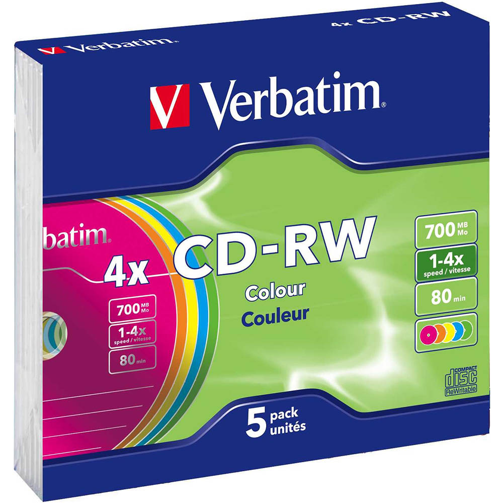 Image for VERBATIM CD-RW 700MB 1X-4X COLOURED CASE PACK 5 from York Stationers