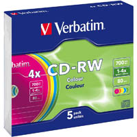 verbatim cd-rw 700mb 1x-4x coloured case pack 5