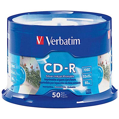 Image for VERBATIM CD-R 700MB 52X PRINTABLE SPINDLE SILVER PACK 50 from Office Express