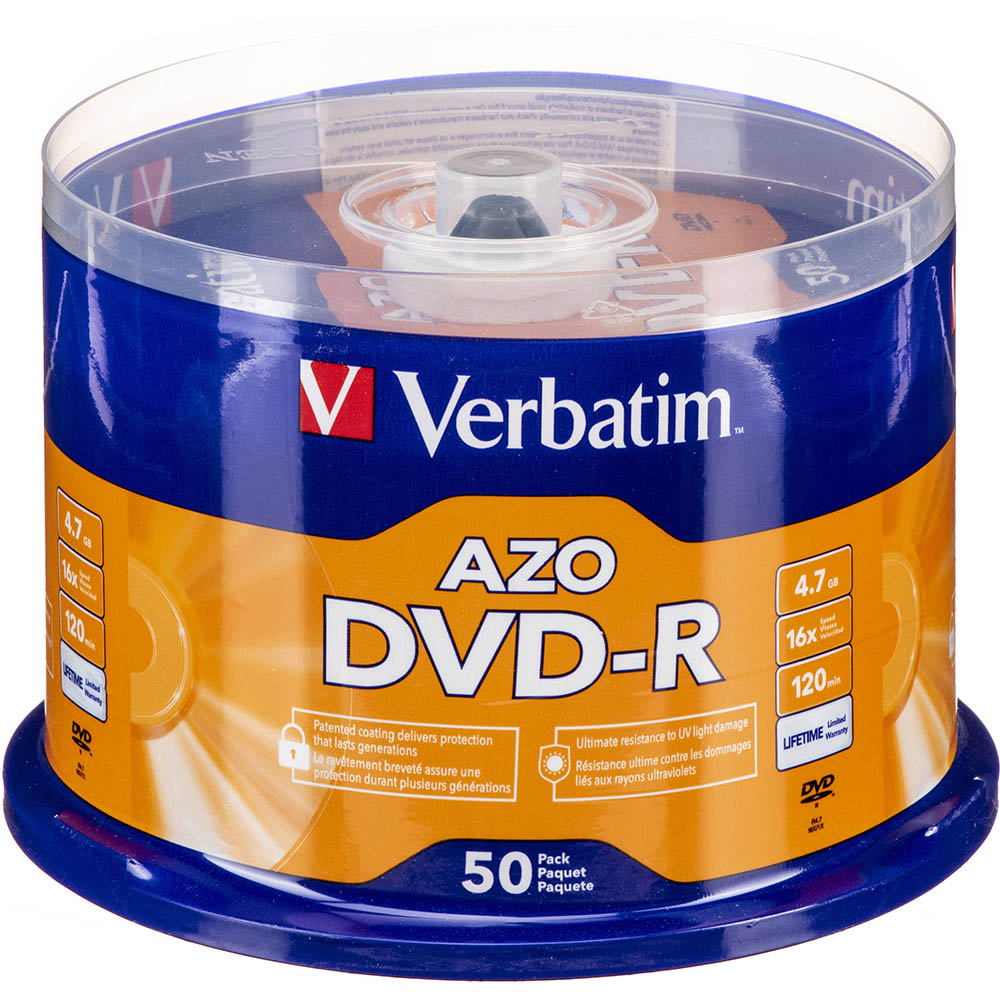 Image for VERBATIM AZO DVD-R 4.7GB 16X SPINDLE SILVER PACK 50 from Pinnacle Office Supplies