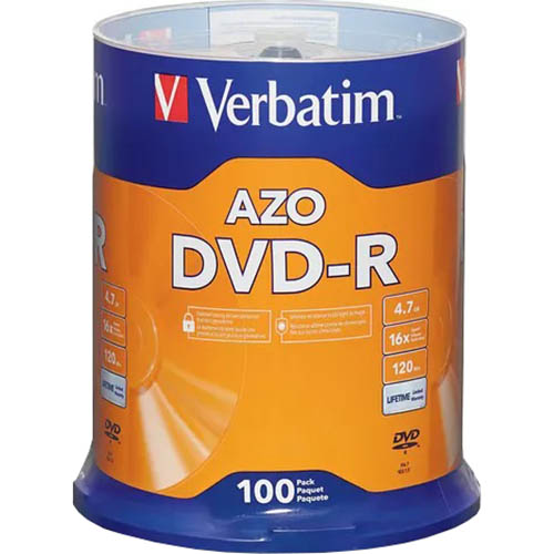 Image for VERBATIM AZO DVD-R 4.7GB 16X SPINDLE SILVER PACK 100 from Mercury Business Supplies