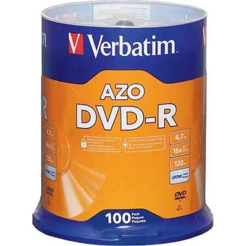 Image for VERBATIM AZO DVD-R 4.7GB 16X SPINDLE SILVER PACK 100 from Prime Office Supplies