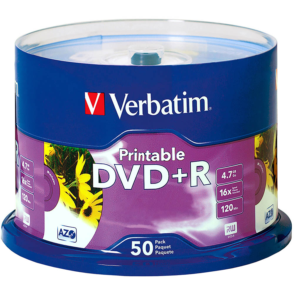Image for VERBATIM DVD+R 4.7GB 16X PRINTABLE SPINDLE WHITE PACK 50 from Clipboard Stationers & Art Supplies
