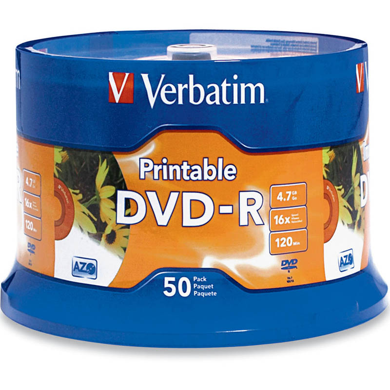 Image for VERBATIM DVD-R 4.7GB 16X PRINTABLE SPINDLE WHITE PACK 50 from Mitronics Corporation