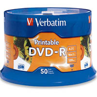 verbatim dvd-r 4.7gb 16x printable spindle white pack 50