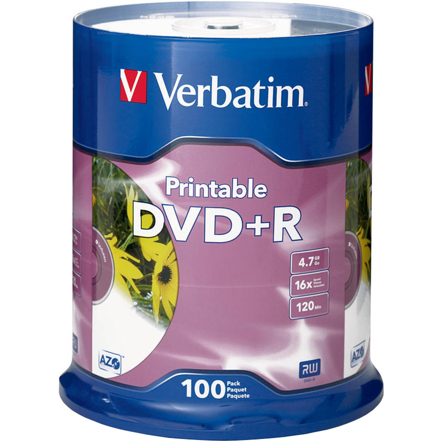 Image for VERBATIM DVD+R 4.7GB 16X PRINTABLE SPINDLE WHITE PACK 100 from York Stationers