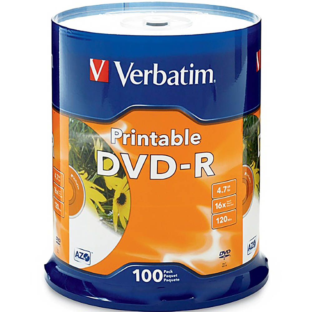 Image for VERBATIM DVD-R 4.7GB 16X PRINTABLE SPINDLE WHITE PACK 100 from York Stationers