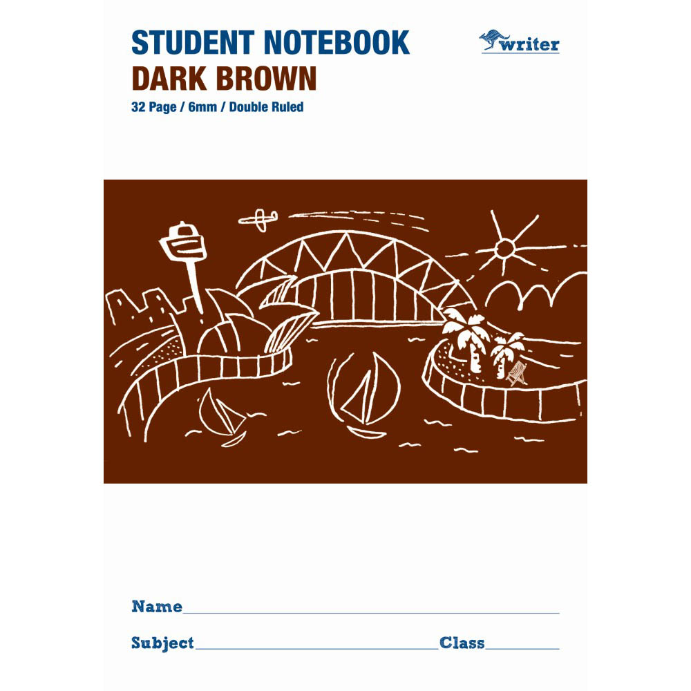 WRITER STUDENT NOTEBOOK 6MM DOUBLE RULED/GUIDE 32 PAGE 250 X 175MM DARK BROWN |  | 7032717