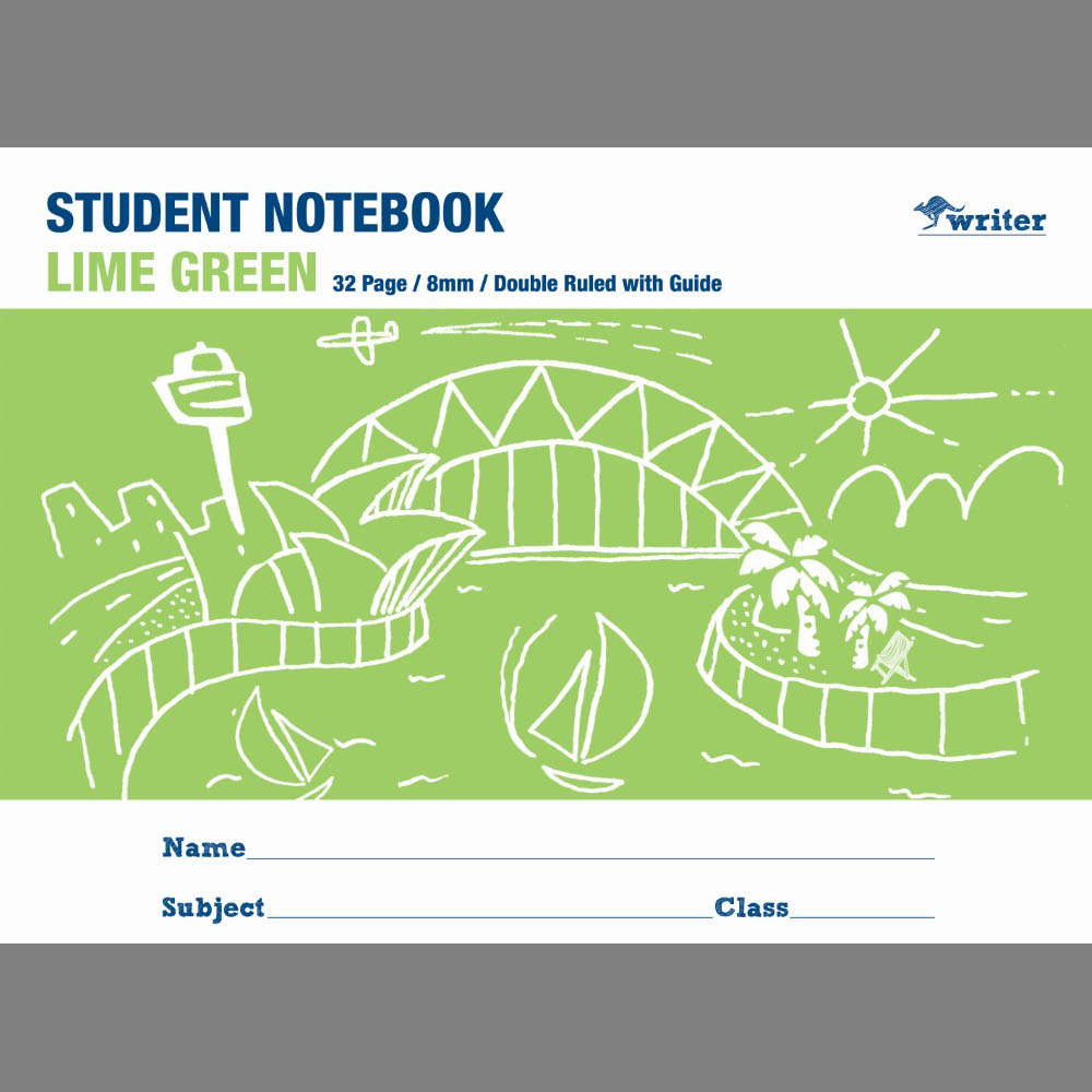 WRITER STUDENT NOTEBOOK 8MM DOUBLE RULED/GUIDE 32 PAGE 250 X 175MM LIME |  | 7032720