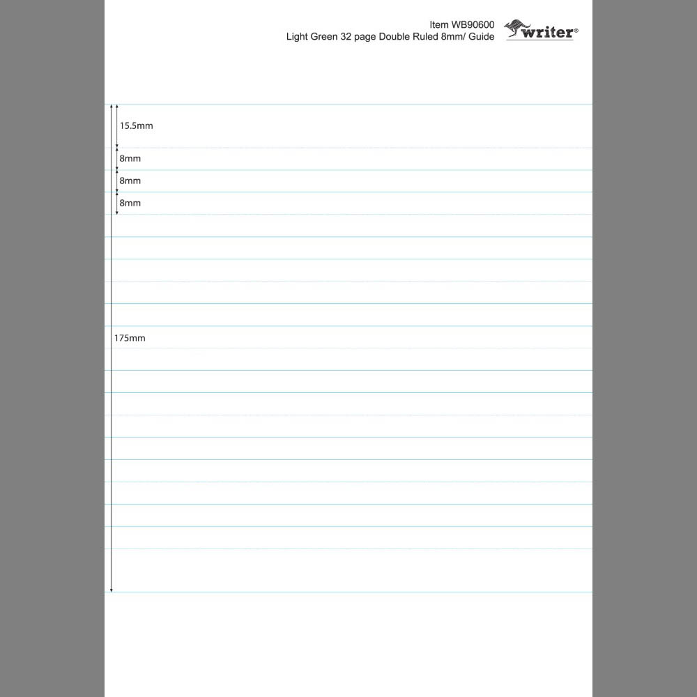WRITER STUDENT NOTEBOOK 8MM DOUBLE RULED/GUIDE 32 PAGE 250 X 175MM LIME |  | 7032720