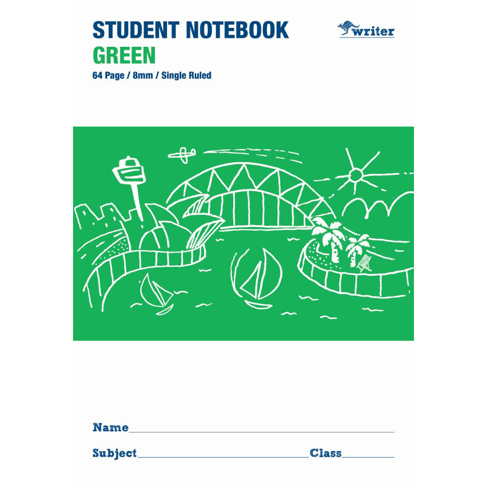 WRITER STUDENT NOTEBOOK 8MM SINGLE RULED 64 PAGE 250 X 175MM GREEN |  | 7032723i