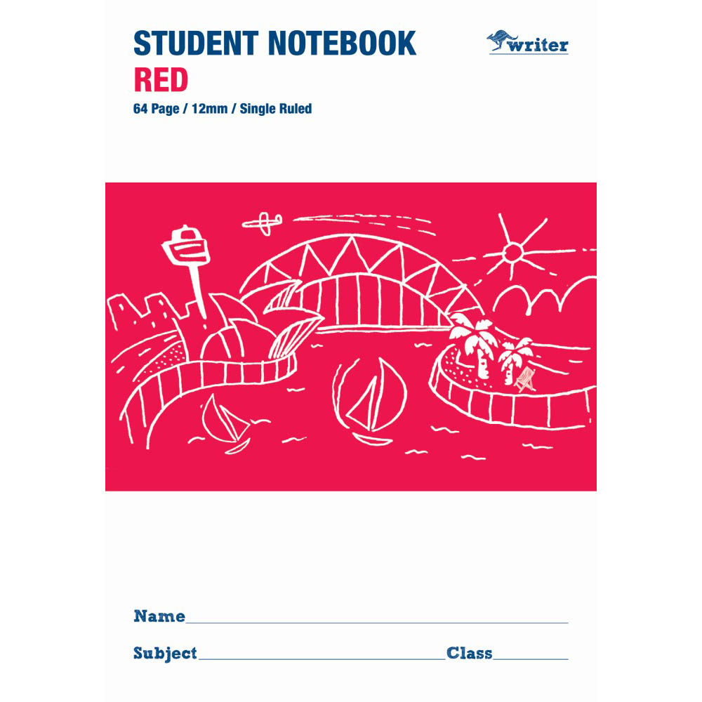 WRITER STUDENT NOTEBOOK 12MM SINGLE RULED 64 PAGE 250 X 175MM RED |  | 7032725