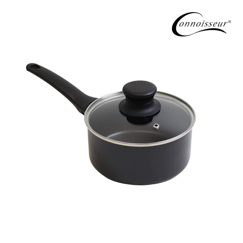 Image for CONNOISSEUR PRESSED NON STICK SAUCEPAN WITH GLASS LID 160MM BLACK from Mitronics Corporation