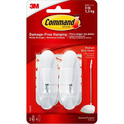 Image for COMMAND ADHESIVE WIRE HOOKS MEDIUM WHITE PACK 2 HOOKS AND 4 STRIPS from Office Heaven
