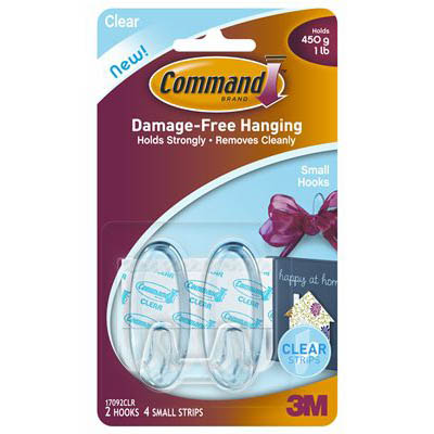 Image for COMMAND ADHESIVE SMALL HOOKS CLEAR PACK 2 HOOKS AND 4 STRIPS from Clipboard Stationers & Art Supplies