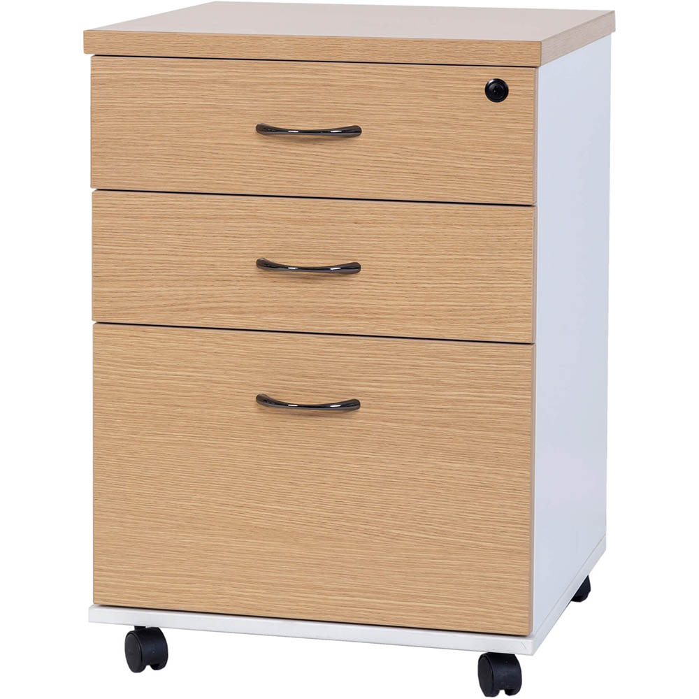 Image for OXLEY MOBILE PEDESTAL 3-DRAWER LOCKABLE OAK/WHITE from Mitronics Corporation