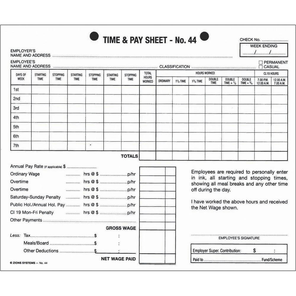 Image for ZIONS 44 TIME AND PAY SHEETS 175 X 215MM PACK 100 from Challenge Office Supplies