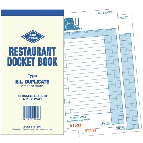 Image for ZIONS ELD RESTAURANT DOCKET BOOK CARBON DUPLICATE 210 X 100MM from Buzz Solutions